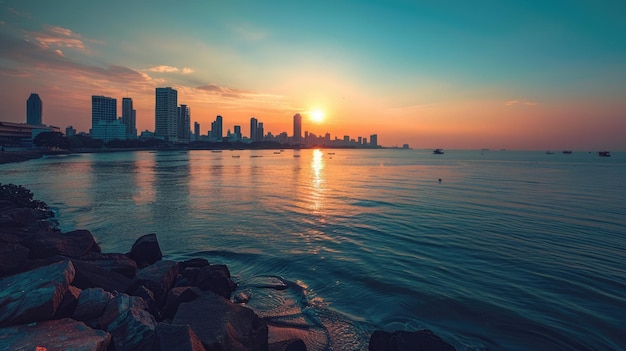 Mumbai Sunset maluje spokój na Marine Drive Mumbai skyline w tle