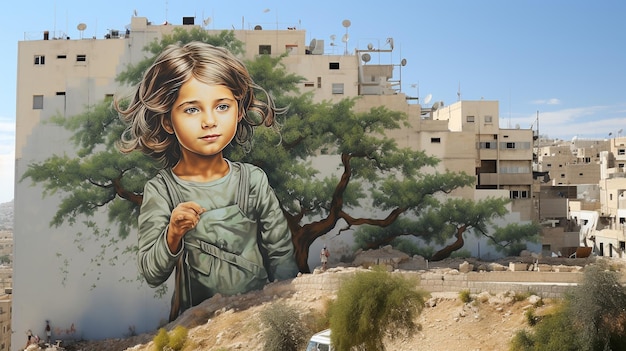 murale z dziećmi i flagą palestyńską