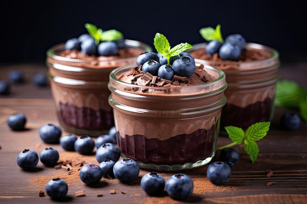 Mus czekoladowy ze świeżymi jagodami i miętą w szklanych słoikach Mus czekoladowy ze świeżymi jagodami w szklanych słoikach Selektywne skupienie AI Wygenerowano