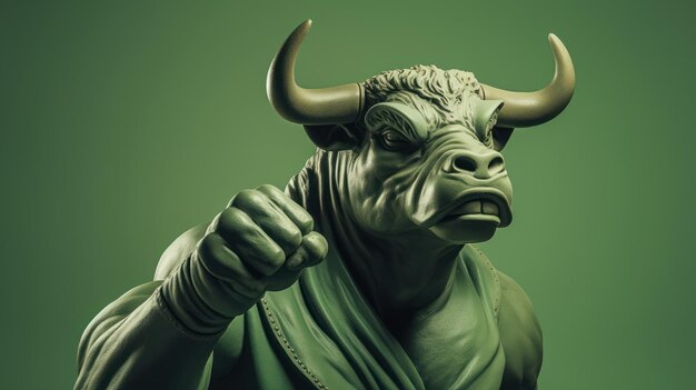 Zdjęcie muscle bull gest fist pump bull pokazujący pozycję walki na czerwonym tle bullish divergencja na rynku akcji i handlu kryptowalutami