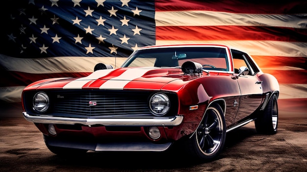 Muscle car z amerykańską flagą Generative AI ilustrator