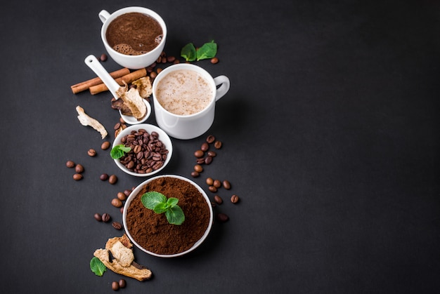 Mushroom Chaga Coffee Superfood Trendy suszone i świeże grzyby i ziarna kawy