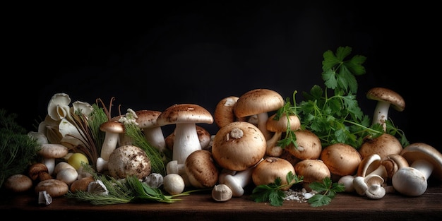 Mushroom Veggie Frame Świeże organiczne warzywa i grzyby na ciemnym tle Idealne do zdrowych motywów żywnościowych Themes Generated Ai