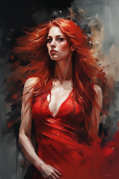 muskularna, wysoka, dorosła kobieta rasy kaukaskiej z długimi rudymi włosami, ubrana w czerwoną sukienkę w ciemnej ezoterycznej atmosferze