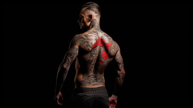 Muskularny mężczyzna na ciemnym tle z tatuażem na plecach izolowany