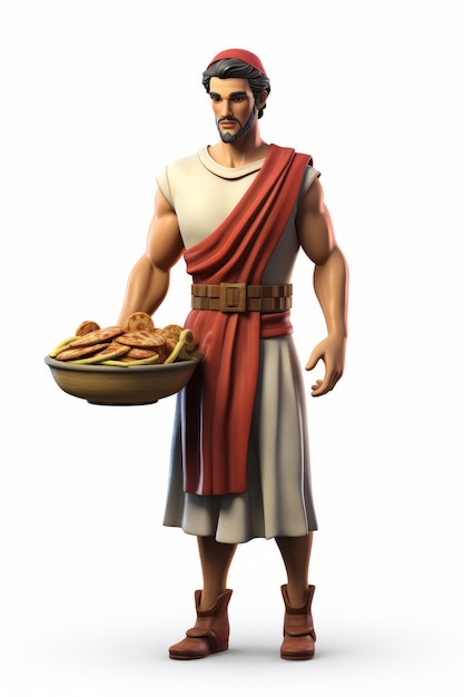 Muskularny mężczyzna z brodą noszący czerwoną i białą tunikę trzymający talerz chleba