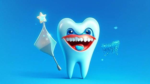 Musujące szczęśliwy postać z kreskówki ząb na niebieskim tle koncepcja stomatologicznej opieki zdrowotnej