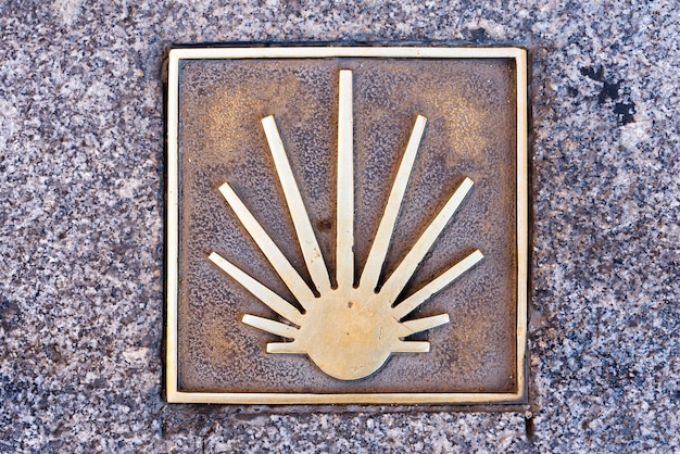 Muszla na ziemi symbolizująca drogę do Santiago de Compostela - pielgrzymki