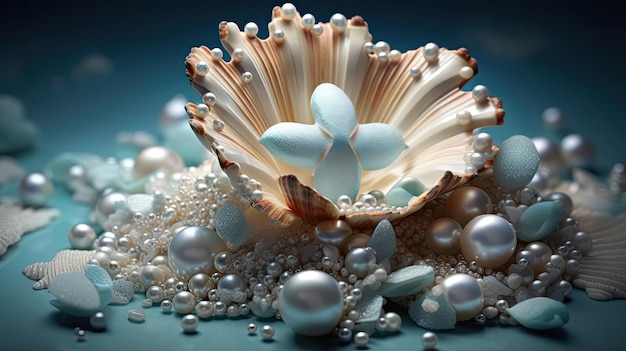 Zdjęcie muszla z perłami i perłami na niebieskim tle