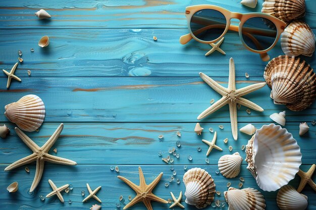 muszle gwiazdy morskiej okulary przeciwsłoneczne jasno niebieskie drewniane tło widok z góry kopiować przestrzeń letnia płaska ramka