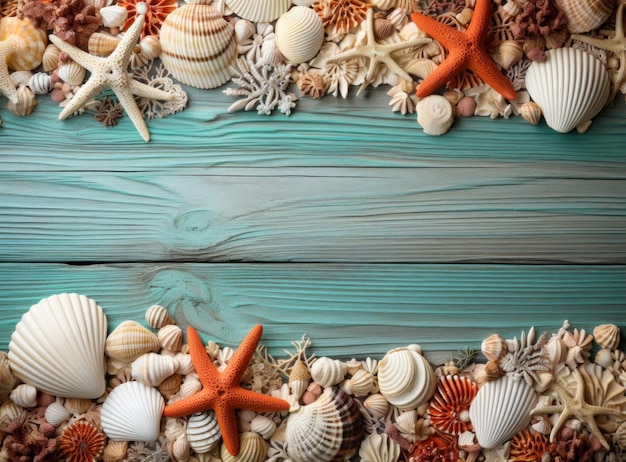 Zdjęcie muszle morskie i gwiazdy morskie na niebieskim drewnianym tle