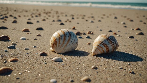 Zdjęcie muszle na plaży z falami na tle