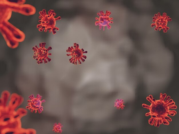 Mutacja wirusa czerwonej korony pod mikroskopem, pandemia COVID 19 z Chin od 2019 roku do każdego kraju. Wirus silnie mutuje w celu rozszerzenia epidemii i trudny do leczenia, technika renderowania 3d