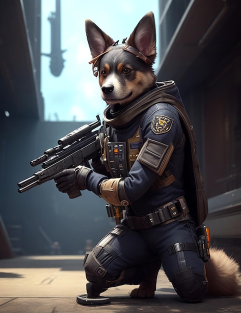 Mutant Dog trzymający pistolet w żelaznym kombinezonie
