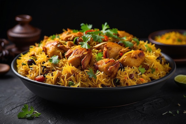 Mutton biriyani na białym talerzu na czarnym tle w jakości HD