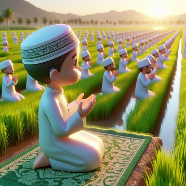 Muzułmanie modlący się na Eid al-Fitr na polu w pobliżu pól ryżowych