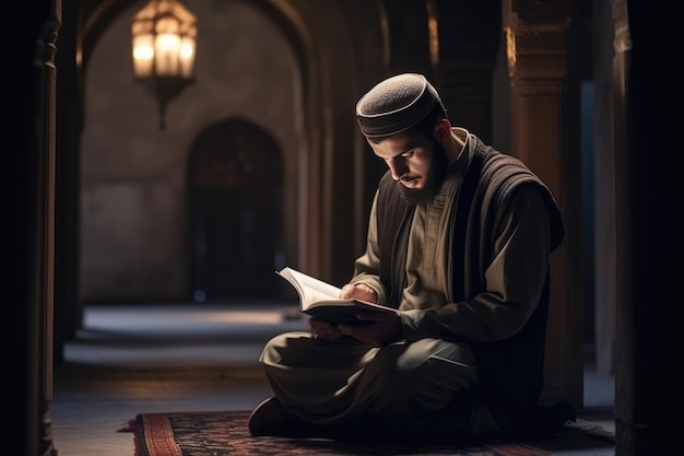 Muzułmanin czyta Koran Muzułmański chłopiec czyta Koran z boku Ai generowany Ai generowany