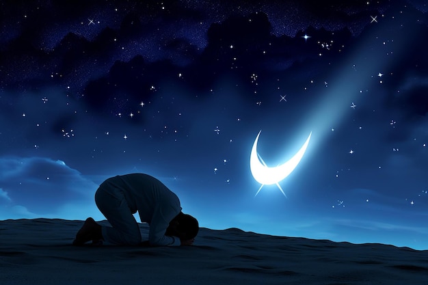 Muzułmanin wykonujący sujud modląc się do Allaha pod spadającymi gwiazdami z półksiężycem w nocy