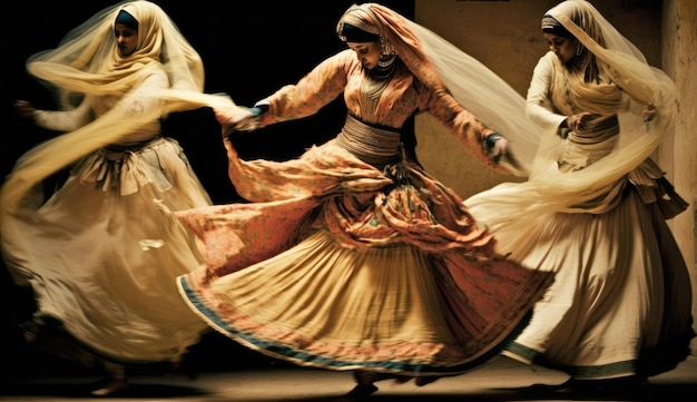 Muzułmańscy tancerze prezentują różnorodność i bogactwo swoich kultur poprzez swoje występy, podkreślające piękno i złożoność ich tradycji. Wygenerowane przez AI