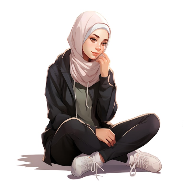Zdjęcie muzułmańska dziewczyna w białym hidżabie siedzi i myśli na ziemi