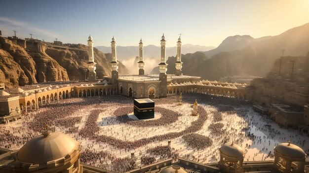 Zdjęcie muzułmańska kaaba w środku i tłum muzułmanów z całego świata modlący się wokół kaaby w mekce