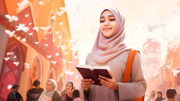 Muzułmańska kobieta w hidżabie czyta książkę w pokoju kreatywności z latającym papierem koncepcja edukacji