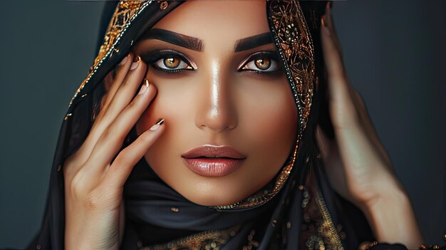 Zdjęcie muzułmańska kobieta w hidżabie robiąca makijaż selektywne skupienie