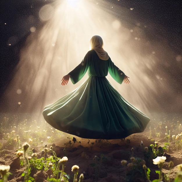 Muzułmańska kobieta w zielonej sukience czarująca scena z śledzeniem promieniowania i dramatycznym oświetleniem