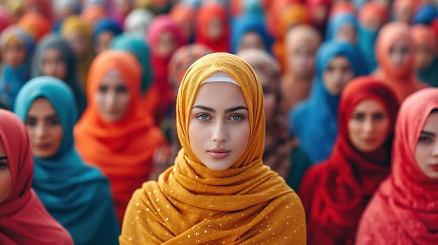 Muzułmańska kobieta z hidżabem w środku tłumu ludzi