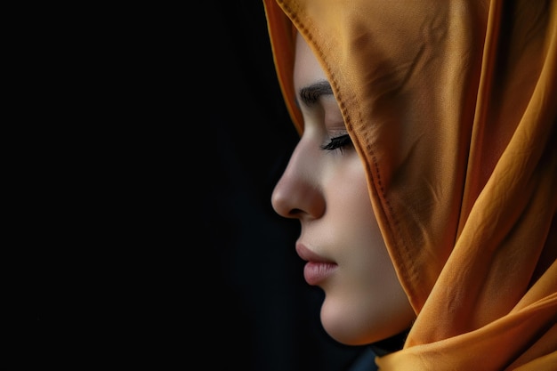 Muzułmańska kobieta z zamkniętymi oczami na czarnym tle arabska dziewczyna w hidżabie w profilu