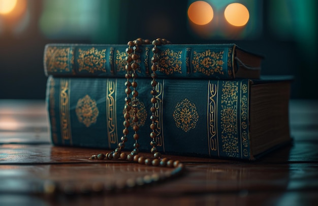 Muzułmańska książka i różaniec na drewnianym stole połączenie stylu wschodniego i zachodniego