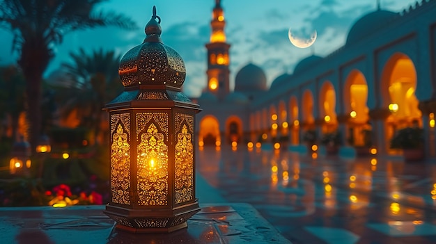 Muzułmańska latarnia z Koranem i tasbih na stole w nocy