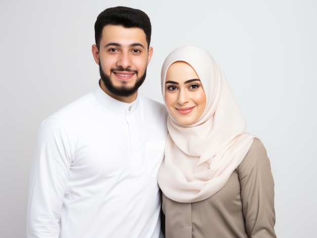 Muzułmańska para w tradycyjnych muzułmańskich strojach uśmiecha się, patrząc na kamerę odizolowaną na białym tle