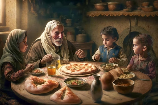 Muzułmańska rodzina je obiad w Ramadan Stworzony przy użyciu technologii generatywnej sztucznej inteligencji