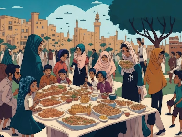 Muzułmańska rodzina jedząca na ulicy podczas islamskiego święta Eid al Adha
