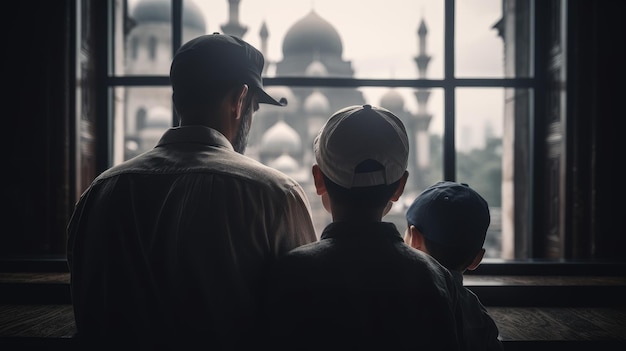 Muzułmańska rodzina widzi meczet muzułmańska rodzina eid pozdrowienia widok z tyłu Jumma Mubarak