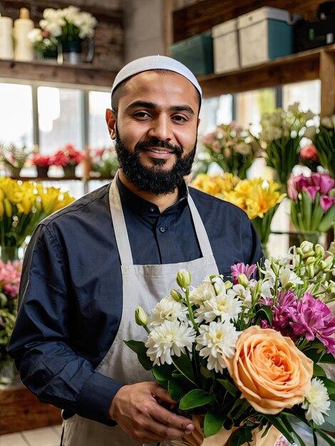 Muzułmański kwiaciarz zbiera bukiet wiosennych kwiatów świeżo wyciętych kwiatów w wazonach w sklepie z kwiatami i stojakach na sprzedaż dostawę na wakacje Wiosna 8 marca Dzień urodzin kobiet AI generowany