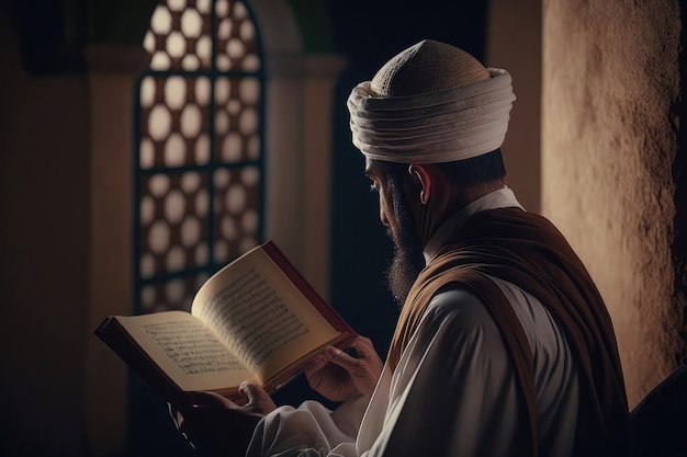 Muzułmański starszy siedzący w masjid i czytający Koran przed czasem modlitwy w przytłumionym ciemnym świetle generowanym przez sztuczną inteligencję