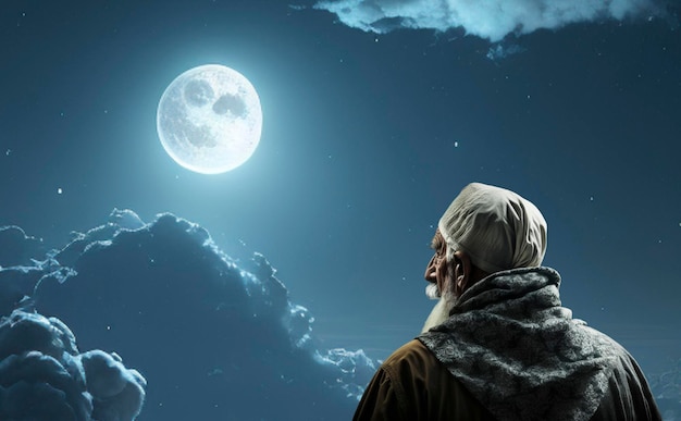 Muzułmański starzec modlący się w gwiaździstą i półksiężycową noc księżycową