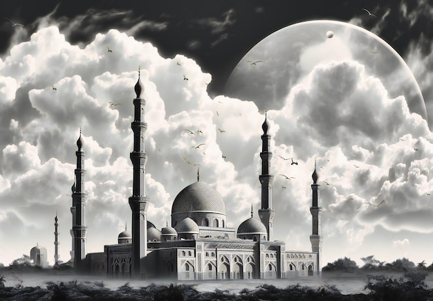 Muzułmański święty meczet jest na niebie z chmurami