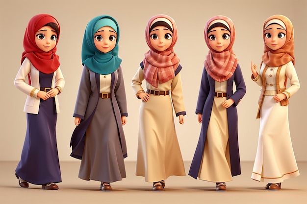 Muzułmańskie kobiety ustawione urocze kreskówki arabskie dziewczyny w tradycyjnych ubraniach kolekcja bizneswoman