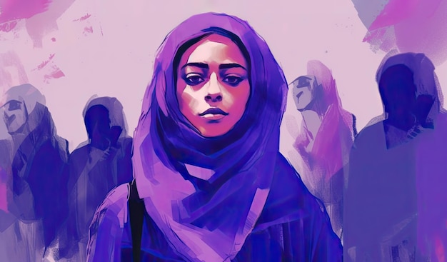 Muzułmańskie kobiety w Iranie opowiadają się za prawami kobiet akwarelowymi ilustracjami w fioletowych odcieniach Generative AI