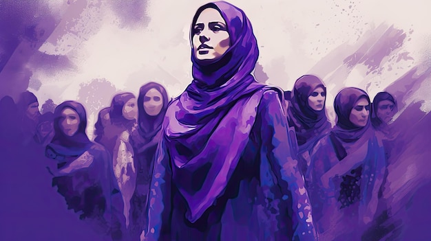 Muzułmańskie kobiety w Iranie opowiadają się za prawami kobiet akwarelowymi ilustracjami w fioletowych odcieniach Generative AI