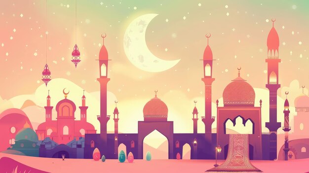 Zdjęcie muzułmańskie miasto z meczetem i półksiężycem w przyjęciu wielkanocnym koncepcja dla kartki powitalnej