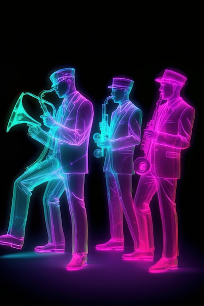 Zdjęcie muzycy z saksofonem i trąbką w neonowym świetle