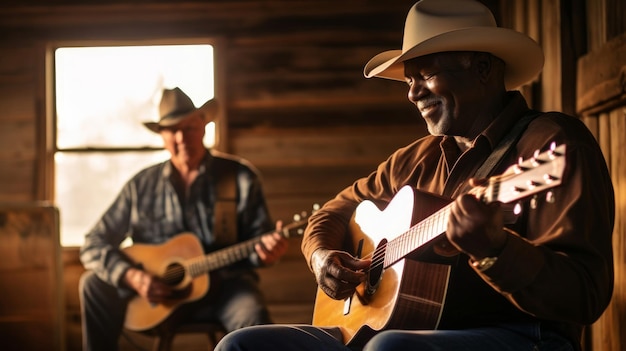 Zdjęcie muzyk country w słonecznej stodoły z gitarą i balami siana.