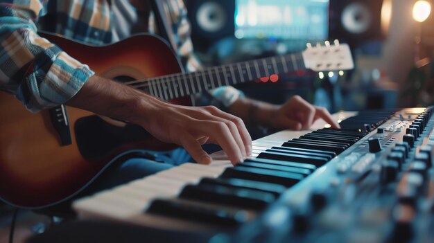 Zdjęcie muzyk grający na gitarze i syntezatorze w tym samym czasie siedzi na stołku w studiu nagraniowym ma na sobie koszulkę i dżinsy