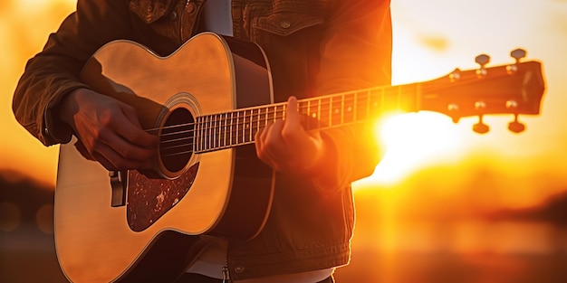 Muzyk z gitarą na trawie o zachodzie słońca miłośnik muzyki Kocham muzykę