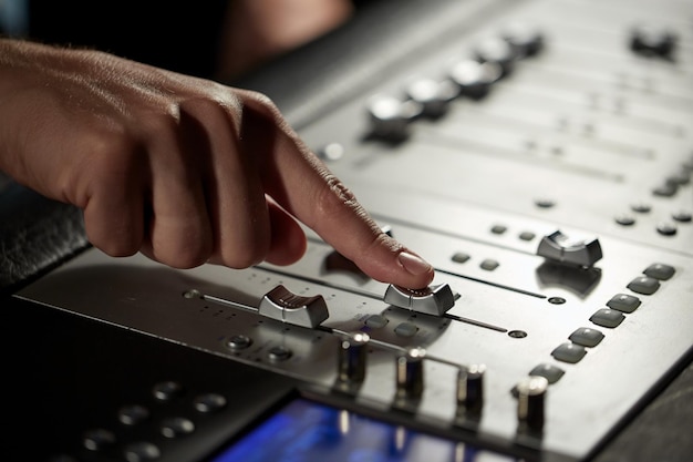 muzyka, technologia, ludzie i sprzęt koncepcja - ręczne użycie konsoli miksowej w studiu nagrywania dźwięku