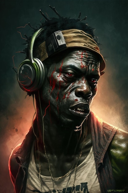 Muzyka w słuchawkach Zombie styl hip hop Piękny obraz ilustracji Generative AI